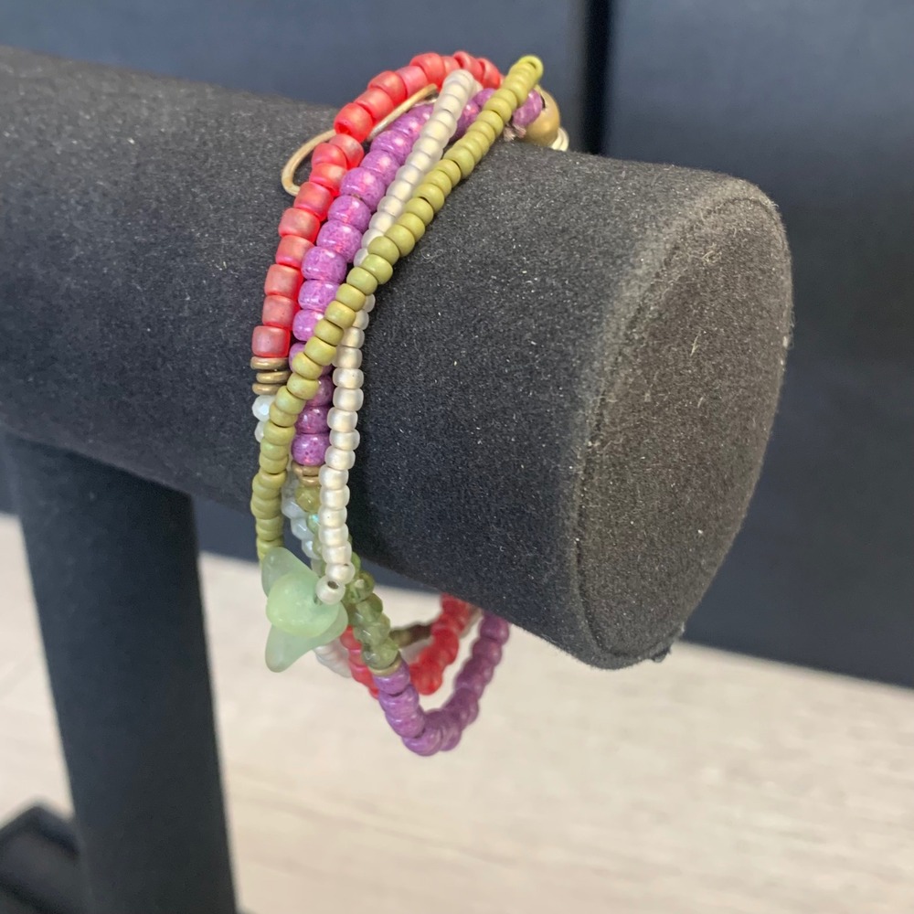 Boho Multi Strand Seed Bead Bracelet Adjustable Lobster Clasp Purple Red Green